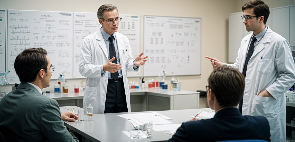 Chemists meeting with CEO and marketing executive to discuss mass marketing of scientific advancements